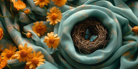 Artistic Composition with Dandelion Heads, Flower Petals, and Woven Circle