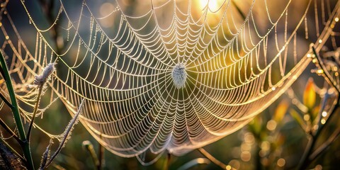 Delicate minimalist spider web glimmers with metallic silver tones amidst high contrast shadows, capturing intricate patterns and ethereal beauty in a mesmerizing close-up shot.