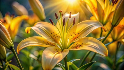 Wall Mural - Delicate yellow stamens of a lily flower, gently swaying in the breeze, fill the frame with intricate details and soft, warm, natural morning light.