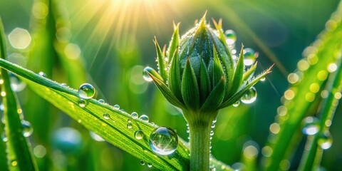 Poster - Vibrant green grass plant bud with delicate leaves and stem glistening with tiny water droplets, showcasing nature's intricate beauty in a stunning macro closeup.