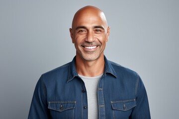 Portrait of a smiling man in his 50s sporting a versatile denim shirt on white background