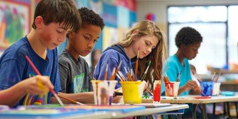 Aufkleber - Middle school students working on art projects with paint and brushes in an art classroom filled with creative materials