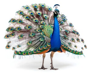 Sticker - Elegant Peacock Displaying Vibrant Feathers on White Background