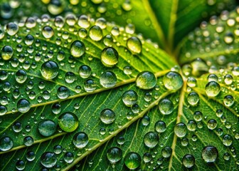 Canvas Print - Glistening raindrops cling to vibrant green leaves, refracting light and revealing intricate leaf patterns in a stunning macro view of nature's beauty.