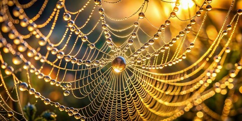 Delicate water droplets glisten on intricate spider web threads, shimmering with morning dew, illuminated by soft natural light, showcasing intricate patterns and textures in crisp macro detail.
