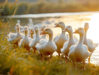 Wall Mural - A flock of adorable ducks waddling towards a tranquil pond in a peaceful pastoral landscape