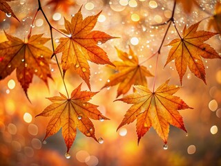 Wall Mural - Vibrant orange autumn leaves glisten with delicate water droplets, suspended against a soft, blurred background embellished with creamy bokeh circular highlights.