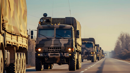 military truck convoy on highway under clear sky