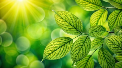 Poster - Vibrant green leaves with delicate veins and soft focus blur on a natural blurred background, providing ample copyspace for creative texts and designs.