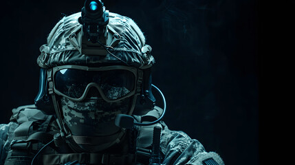 Soldier's helmet with night-vision goggles on dark background