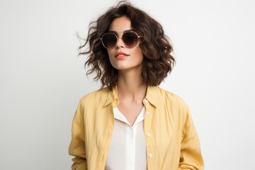 Wall Mural - Portrait of a blissful woman in her 20s wearing a trendy sunglasses in front of white background