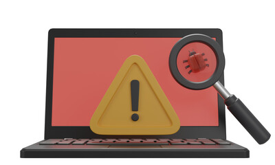 Warning sign with malware on laptop 3d icon