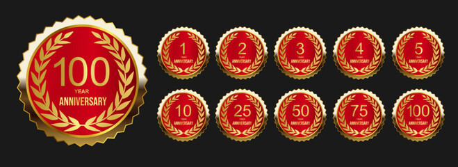 Collection of anniversary symbols. Anniversary celebration design premium badge red gold color for company profile, booklet, flyer, magazine, brochure, web, invitation or greeting card.