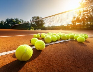 Wall Mural - Closeup of a plenty of tennis balls on an empty tennis court, the sunshine. Sports lifestyle concept. Generative AI