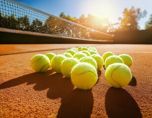 Closeup of a plenty of tennis balls on an empty tennis court, the sunshine. Sports lifestyle concept. Generative AI