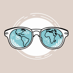 eyeglasses with lenses reflecting different parts of the globe.