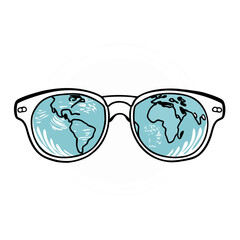 eyeglasses with lenses reflecting different parts of the globe.