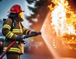 © Willard - Focus of firefighter with water hose extinguishing fire on street. AI Generation