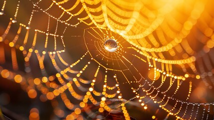 Hyper-realistic macro photograph of a dewdrop-covered spider web at dawn, golden sunlight refracting through each droplet, intricate silk patterns visible, shot on professional DSLR camera, 