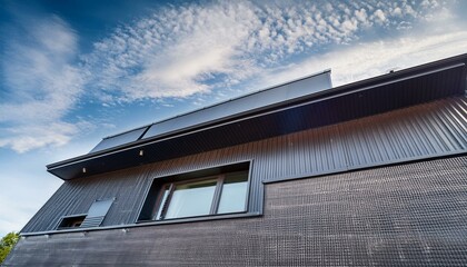 Metal facade trim with dark aluminum panels. Modern house facade and roof