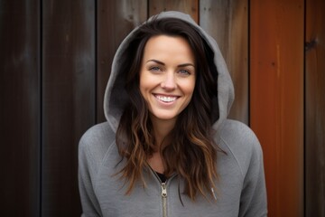 Canvas Print - Portrait of a grinning woman in her 30s sporting a comfortable hoodie isolated on rustic wooden wall