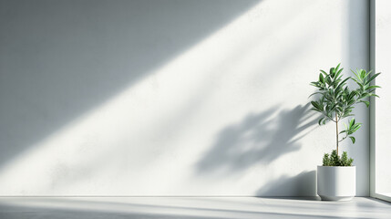 Leinwandbilder - White sunny studio room with plant and window sunlight, empty minimalistic room background. Empty space room with copy space for text and design with soft sunlight and white wall and floor