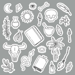 Magical witchcraft sticker pack, mystical elements, icons, cliparts. Line art illustration. Mysticism. Halloween. Printable