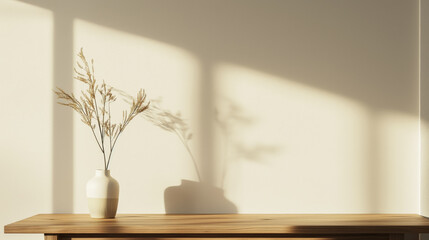 Leinwandbilder - warm light table in the room with window sunlight and minimalistic vase with lovely soft shadows, wooden table in room with warm soft light and pastel color wall with empty space