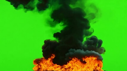 Poster - Fire burning on green screen, with black smoke billowing upwards, symbolizing danger, destruction, or chaos.