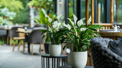 Canvas Print - Outdoor potted plants and cafe landscaping. Spathiphyllum in restaurants. Plant care and flower arrangements.