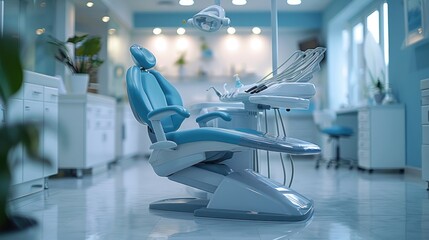 Modern dental office with an empty blue dental chair, equipment, and bright lighting, ready for patient care.