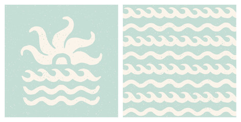 Sea sunset print and waves pattern. Pastel blue coastal holiday design. Vintage summer surf aesthetic cut out collage.