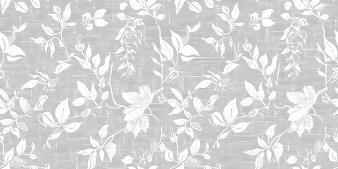 Wall Mural - Seamless french gender neutral floral linen printed fabric border background. Light mottled white on grey cottage core block print pattern. Shabby chic woven duotone cloth effect.