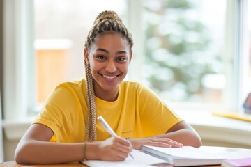 Aufkleber - In a welllit indoor space, a joyous young woman with braided hair grins while engrossed in her studies surrounded by books, underlining dedication to learning and excellence in academics