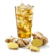© Leli - A tall glass of ginger ale filled with ice and surrounded by fresh ginger root slices
