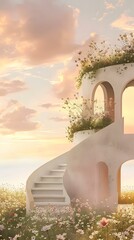 Poster - White Stairs and Arched Windows in a Flower Garden at Sunset