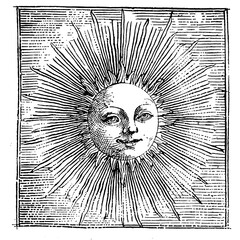 vintage illustration of the sun with rays and face, simple line art, etching, woodcut, mystical symb