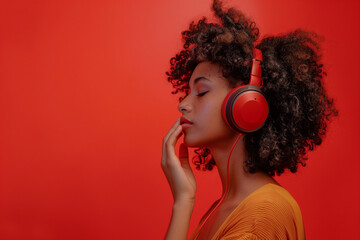 woman with curly hair listening to red headphones