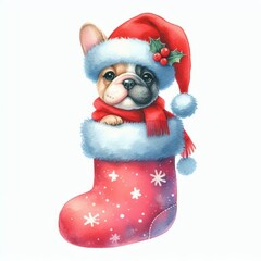 Cute French bulldog puppy wearing a Santa hat and scarf, peeking out of a Christmas stocking.