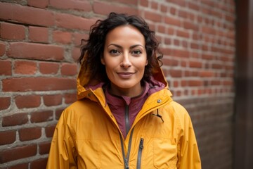 Wall Mural - Portrait of a content indian woman in her 40s wearing a lightweight packable anorak in front of vintage brick wall