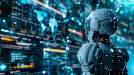 A futuristic robot stands before a screen filled with data and code, symbolizing the advancement of artificial intelligence and its impact on our world.  