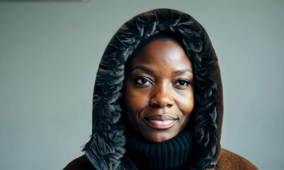 Wall Mural - Portrait of a Nigerian woman in her 40s in a minimalist or empty room background wearing a warm parka