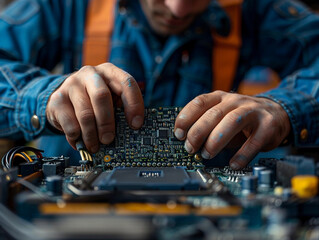 Poster - Close-Up of Technician Installing Circuit Board Into Motherboard