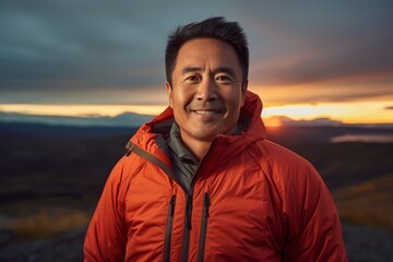 Poster - Portrait of a grinning asian man in his 40s wearing a windproof softshell isolated on vibrant sunset horizon