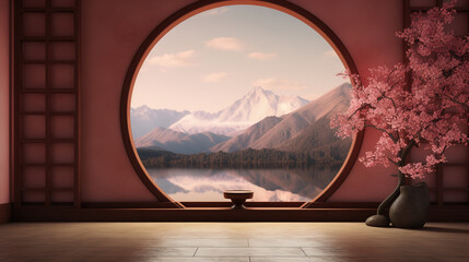 Wall Mural - Red Chinese courtyard product exhibition booth and landscape scenery outside the window