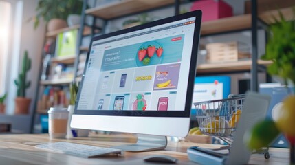 Modern E-commerce Website Design on Computer Screen with Shopping Cart and 'Proceed to Payment' Button