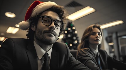 Wall Mural - Office Christmas party - meeting - holiday - video conference - Santa hat - festive - black and white photo with color splash - Christmas tree 