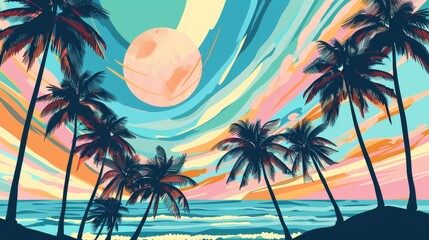 Wall Mural - Vibrant Retro-Style Beach Sunset with Palm Trees and Ocean Waves