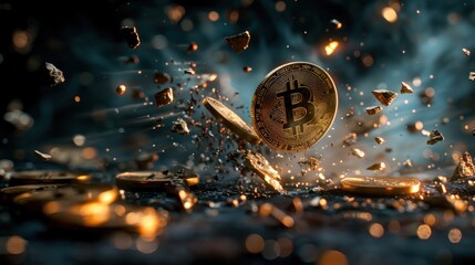 Bitcoin coins floating in the air with debris on dark background