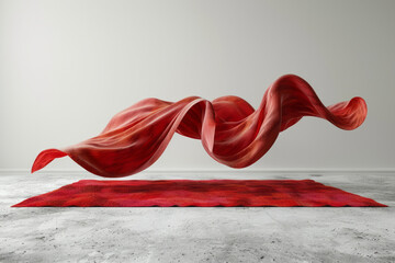 Poster - A minimalist surreal image of a red carpet floating in mid-air, set against a plain white background,